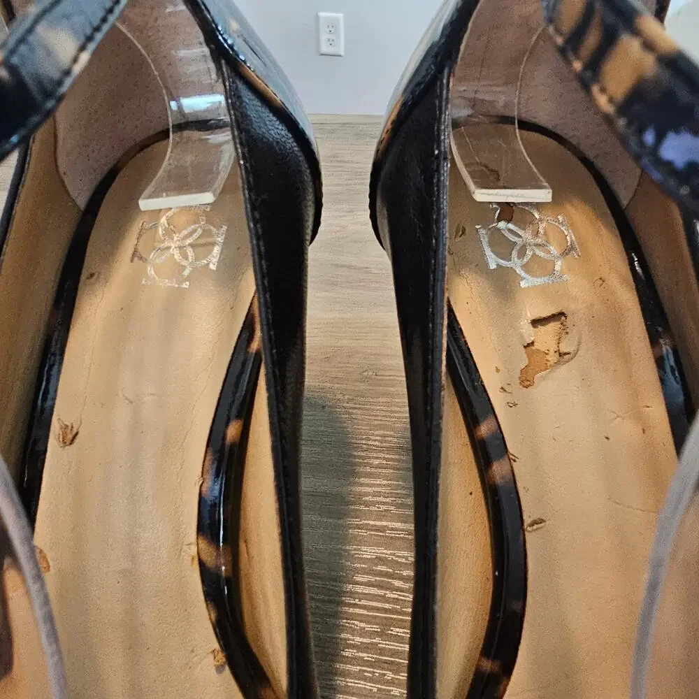 Ann Taylor Viola Heels Womens Size 6 Black Leather Tortoise Ankle Strap Glam